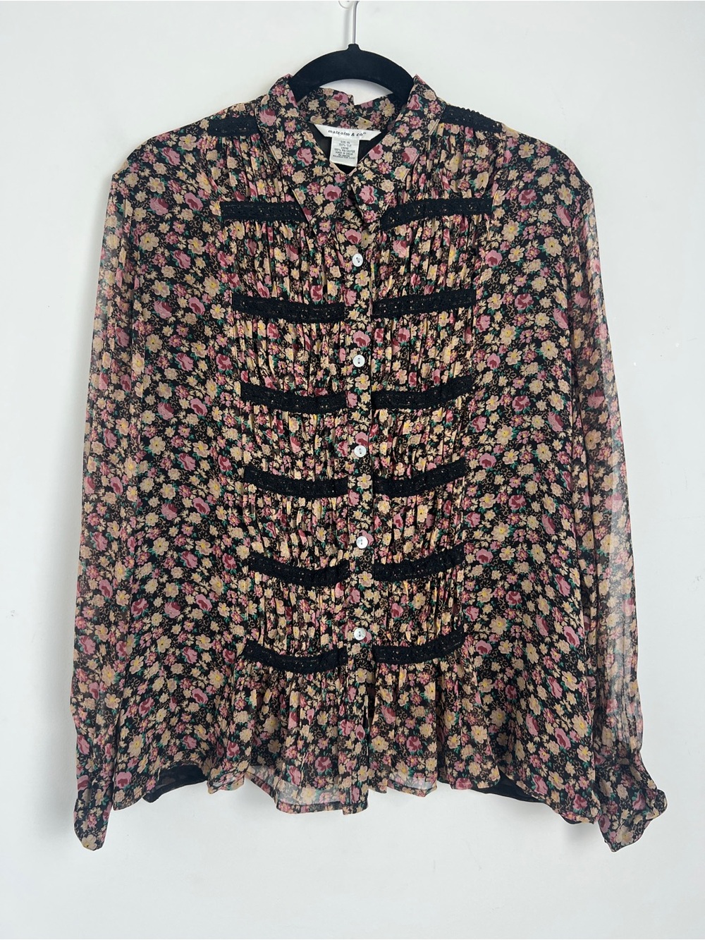 Vintage Malcolm & Co. XL 100% Silk Dark Ditsy Floral Long Sheer Sleeve Blouse